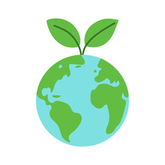 A green leaf is growing on a globe. The globe is surrounded by a blue circle. Concept of the importance of taking care of the environment and the earth