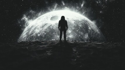 Obraz premium Silhouette of a person stands before a large glowing sphere in darkness.