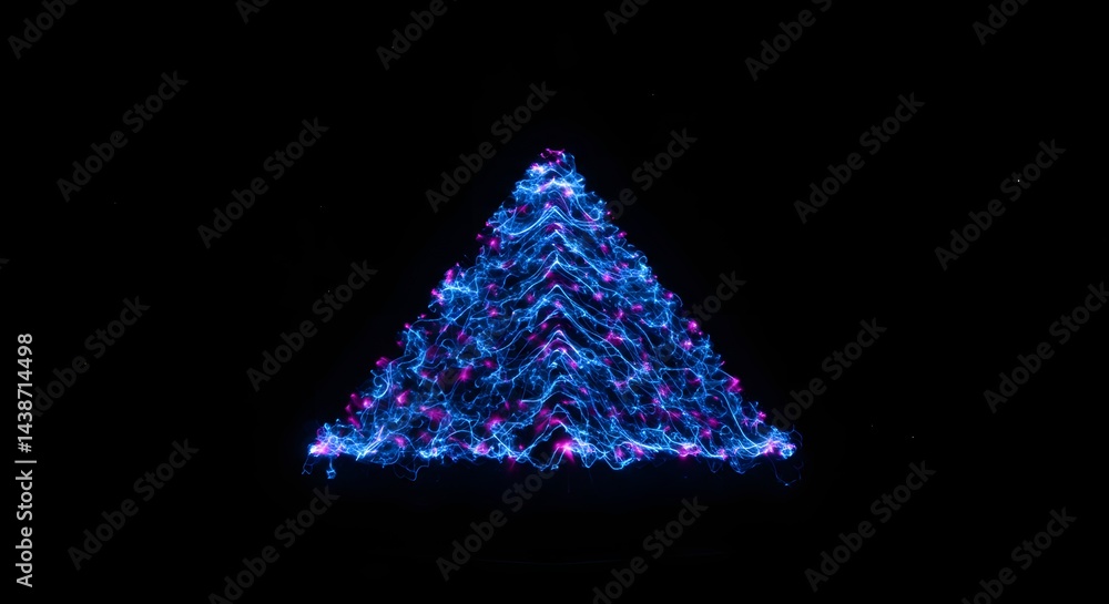 Poster a glowing triangular shape with blue and pink lights on a black background in dark environment