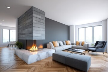 Fototapeta premium Modern Living Room with Fireplace and Herringbone Floor - Contemporary living room featuring a large marble fireplace, gray sectional sofa, and herringbone wood flooring. Bright, airy, and luxurious