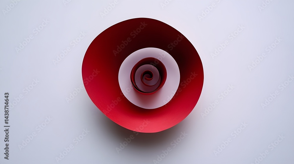 Poster abstract red and white paper spiral art. concentric circles create a visually striking design, perfe