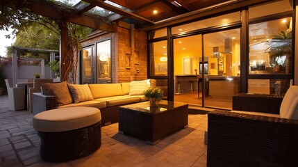 Fototapeta premium Evening patio scene with glass sliding doors and warm cozy lights