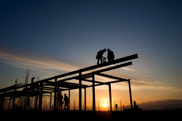 Silhouetted construction workers on a steel framework at sunset, showcasing teamwork and progress in building a structure