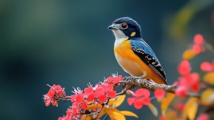 Small bird with blue and orange plumage perched on a flowering branch.