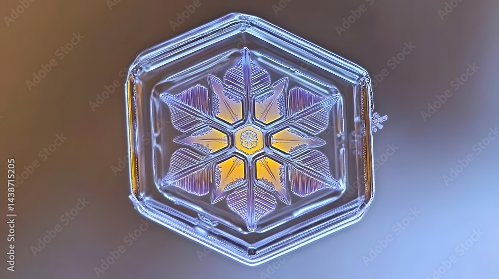 Poster intricate hexagonal snowflake with a vibrant, warm center against a soft, blurred background. except