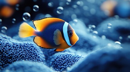 Orange and blue fish swims in blue water with bubbles and textured background.