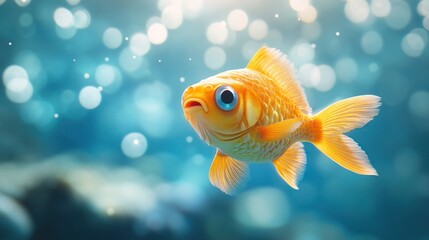 Goldfish swims in blue water with bokeh lights creating a dreamy scene.