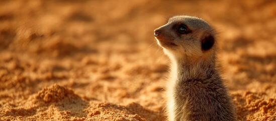 Fototapeta premium A meerkat squatting in the desert sand, its head cocked to the side, looking curiously into the distance.