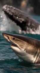 Fototapeta premium Great white shark near humpback whale
