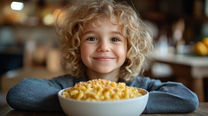 Young child with curly hair smiles behind a bowl of macaroni and cheese.