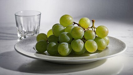 Photorealistic image of a fresh bunch of green grapes resting on a clean white plate