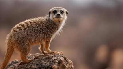 Fototapeta premium A meerkat standing on a high desert rock, its eyes focused on the horizon as a gust of wind sweeps the dry sand around it.