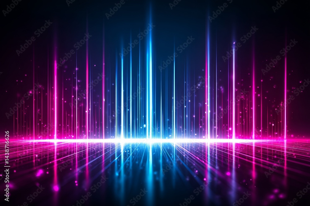Poster neon lines abstract background - vibrant pink and blue neon lines illuminate a dark, reflective surf
