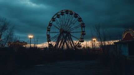 Dark Night Abandoned Ferris Wheel Park Gloomy Atmosphere Vintage Carousel Spooky Nighttime Scene Eerie Fairground Deserted Landscape Moody Twilight   