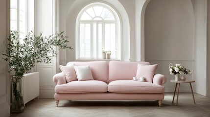 Pink sofa in bright living room, interior design