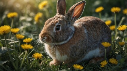 Photorealistic image of a bunny among dandelions