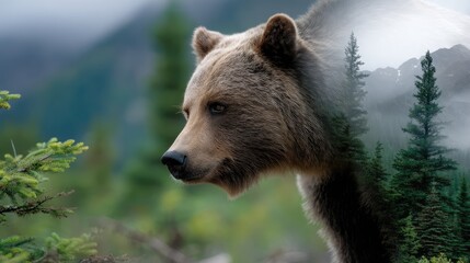Fototapeta premium Grizzly bear in forest landscape
