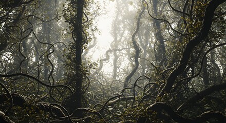 A dense forest scene with twisting vines and branches creating an ethereal and mysterious atmosphere