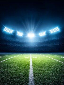 Night Football Stadium - Empty football stadium at night, illuminated by bright stadium lights. Ready for the big game