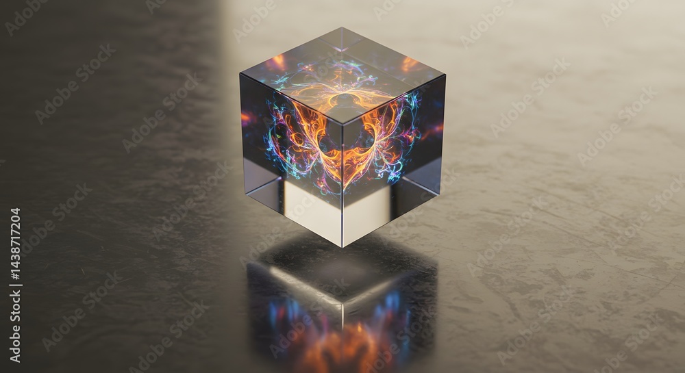 Poster a reflective cube with orange and blue fractal design floating above its reflection on a gray surfac