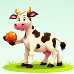 Illustration of spotted cow in playful pose with ball, cartoon, spots, animal