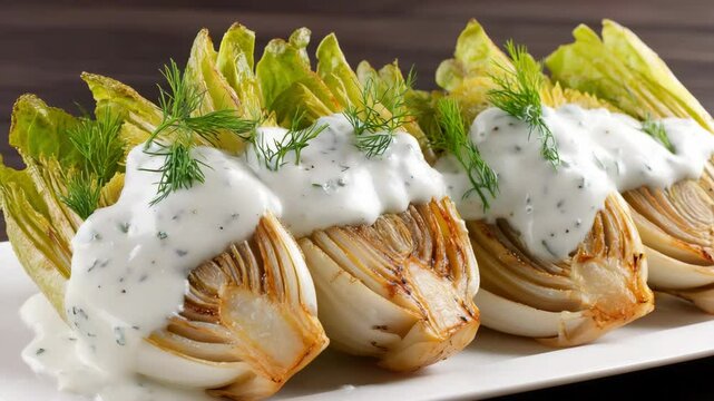 Grilled endive with tangy herb sauce served on a white plate in a restaurant setting