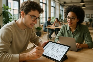 Obraz premium Designers collaborate on tablet sketches during a creative session in a modern workspace