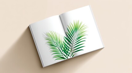 Open Book with Tropical Leaves - An open book showcasing vibrant green tropical palm leaves on a clean white background