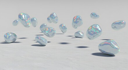 A collection of iridescent pebbles scattered across a white surface with soft shadows underneath them