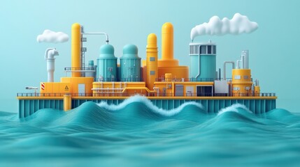 Obraz premium Vibrant industrial facility on a platform amidst rolling waves and gentle clouds