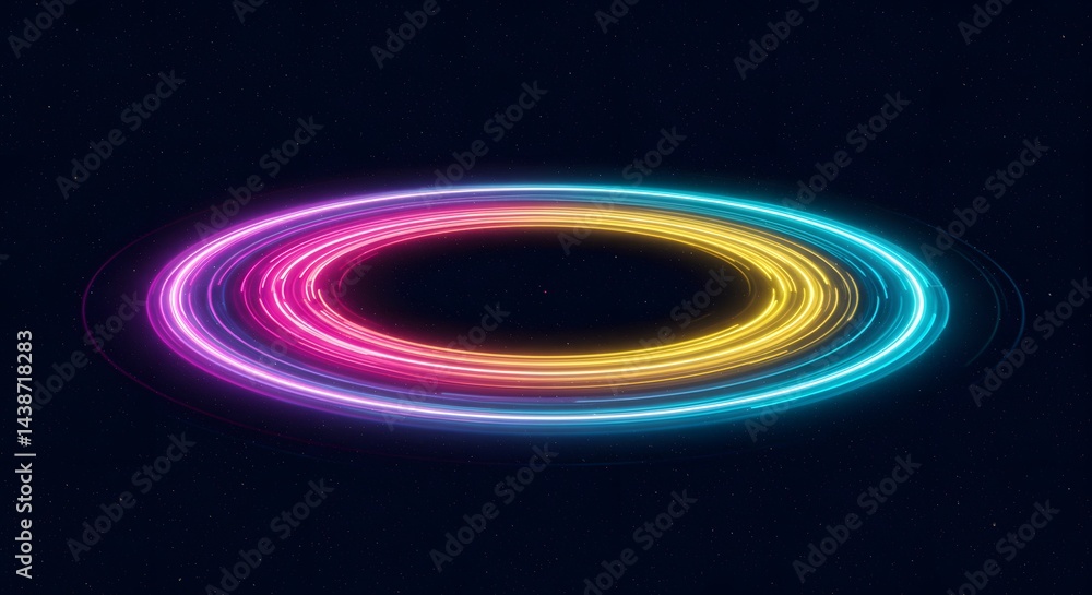 Poster a vibrant neon light rings against a dark background creating a futuristic and dynamic visual effect