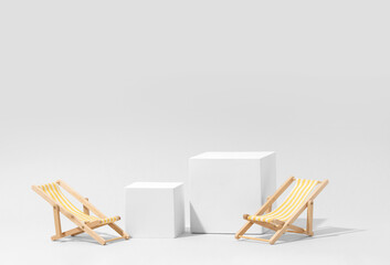 Minimalistic summer product presentation scene featuring two white cubic pedestals and two...