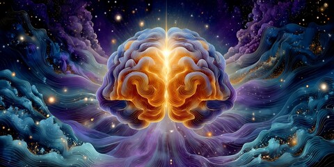 Obraz premium Radiant Mind Brain illuminating cosmic waves