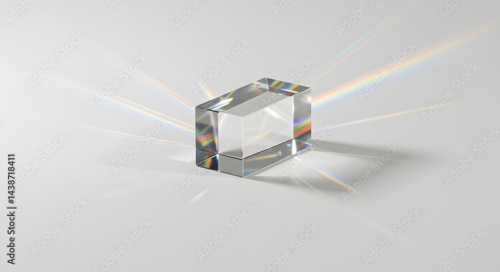 Poster clear rectangular prism casting rainbows on a white surface in a studio setting with soft lighting