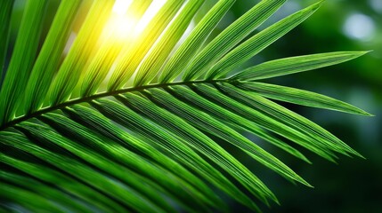 Palm Leaf Sunlight Backlit - Close-up of a vibrant green palm frond backlit by sunlight, showcasing intricate details and texture
