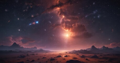 Dark canvas sprinkled with vibrant, shimmering stars, vast cosmic dust clouds ,  cosmos,  distant