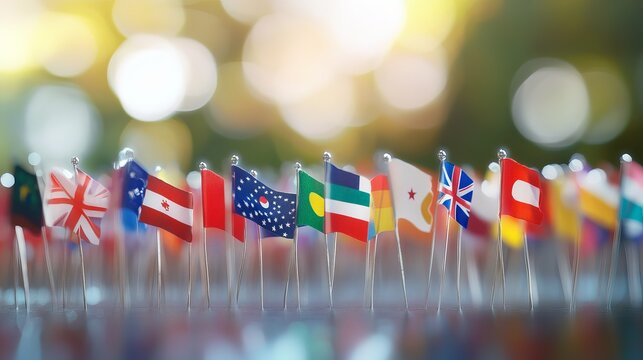 Many small world flags on pins global unity concept image map globe peace photo nation symbol travel