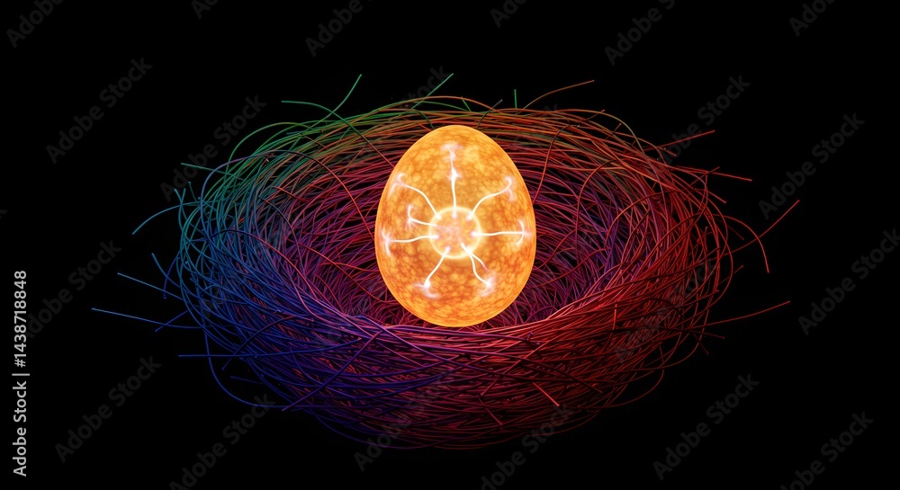 Poster glowing orange egg with intricate internal pattern resting in a colorful woven nest on black backgro