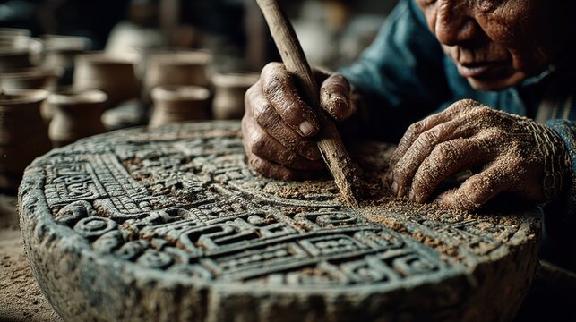 Close-up of hands grinding coffee with metate stone adorned with Mayan motifs