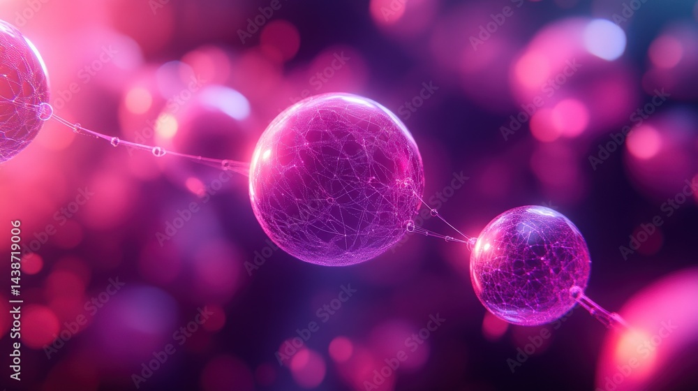Poster abstract depiction of interconnected glowing spheres representing molecular structures in a vibrant 