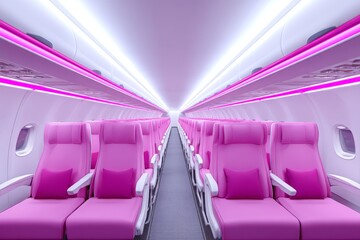 Fototapeta premium Pink Airplane Cabin Interior - Empty pink airplane seats, aisle, overhead lighting. Clean and modern aircraft cabin design