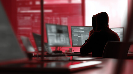 Hacker Monitoring Network Alerts on Multiple Screens in Red Tones