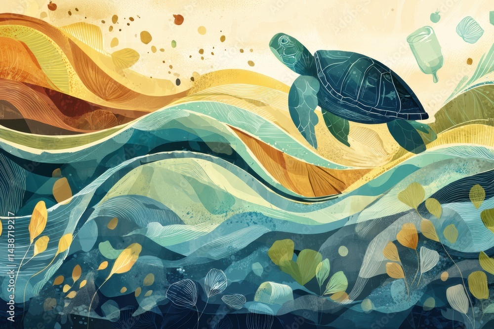 Aufkleber Sea Turtle Navigates Through Colorful Ocean Waves Filled With Floating Trash, Highlighting Pollutions Impact on Marine Life