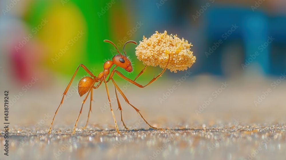 Poster ant carrying a small piece of food while colorful objects blur in the background