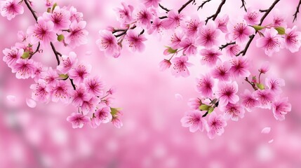 Naklejka premium Pink Cherry Blossoms Spring Bloom - Delicate pink cherry blossoms in full bloom against a soft pink background. Perfect for spring themes