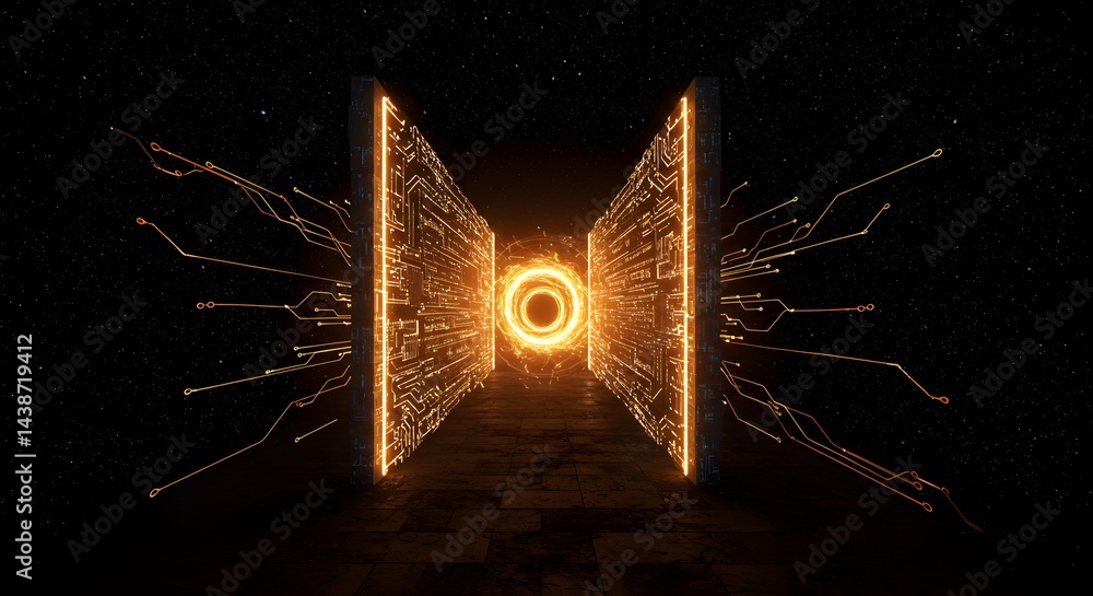 Poster glowing portal between two circuit board walls in a dark space with connecting lines and stars