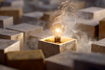 Illuminated lightbulb in a stone box, surrounded by similar boxes, emitting smoke, showcasing an idea, innovation or solution concept