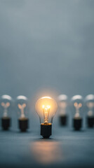 Bright lightbulb stands out among dimmed ones, symbolizing unique idea, innovation, or leadership, showcasing potential and progress