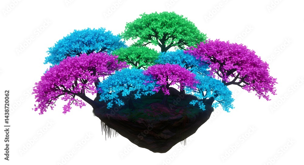 Poster A whimsical floating island with colorful trees against a stark white background in a surreal scene