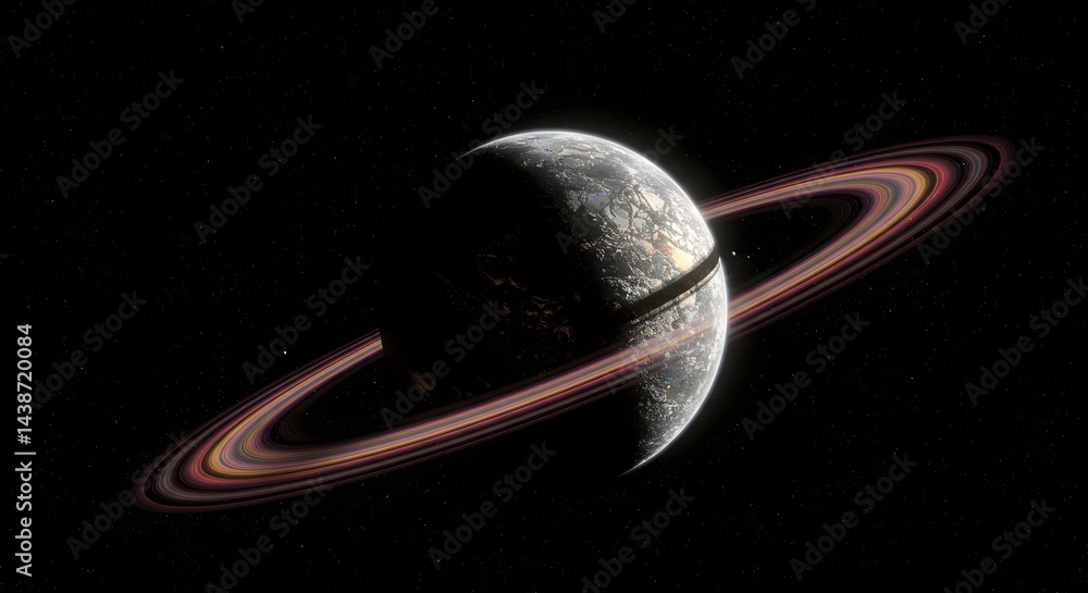 Poster a digital rendering of a planet with rings in the dark vastness of space with distant stars visible